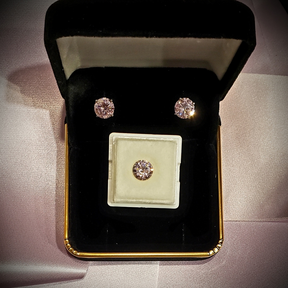 Pink CZ Round Solitaire Earrings and Matching Loose CZ Stone NIB